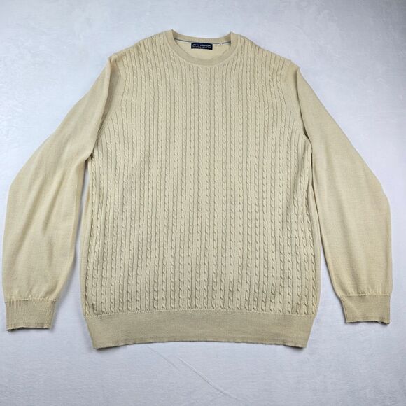 John Ashford Extra Fine Merino Wool Cable Knit Sweater Beige‎ Mens L - Picture 1 of 7